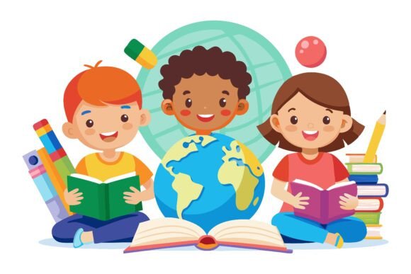 Tiny Cute Happy Kids with Books: A Versatile Illustration Set for Meaningful Visual Storytelling